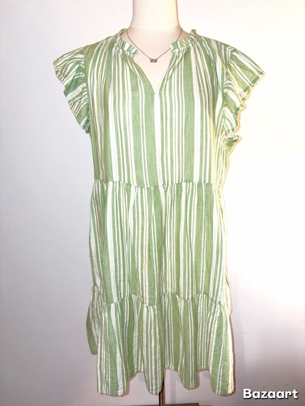 Green Stripe Tiered Linen Ruffle Sleeve Dress - Wonderly